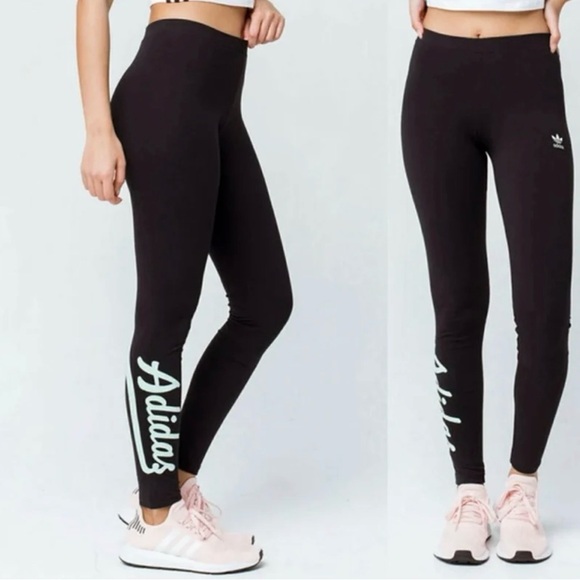 adidas Pants - Adidas Originals Tights Leggings with Velvet Logo in (BLACK/MINT) (XS)